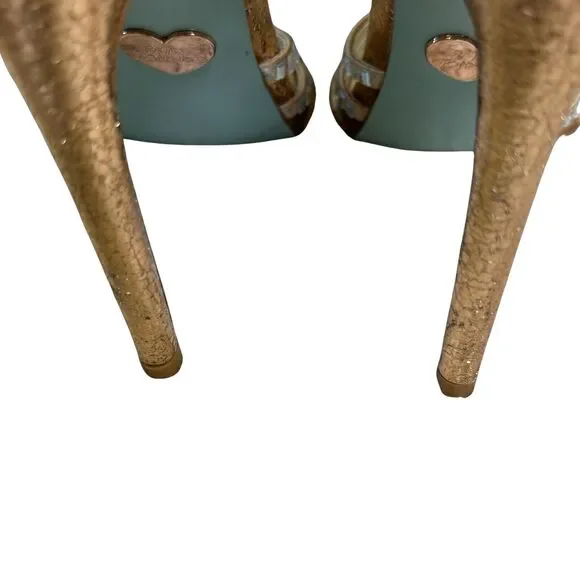 Betsey Johnson Women's High‎ Heel Shoes Sz 6 Gold Rhinestone T-Strap Dressy - Picture 10 of 11